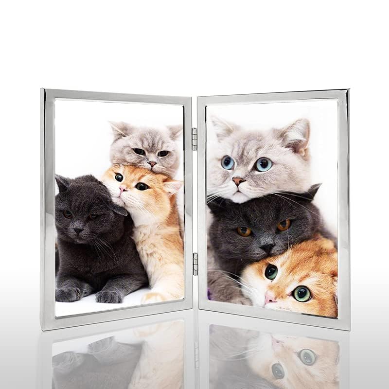 3.5x5 Picture Frame Double Hinged Silver Metal Thin Edge Frame with High Definition Glass Front Folding Frames Stand Vertically